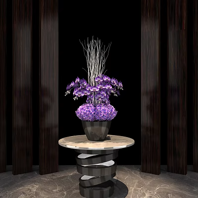 Purple Flowers Arrangement In Black Vase On Round Marble Table With Dark Wooden Screens 3d model