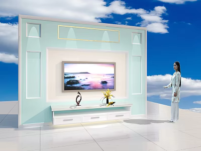 Light Blue And White TV Background Wall With Decorative Panels TV Stand And Bright Decor 3d model