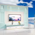 Light Blue And White TV Background Wall With Decorative Panels TV Stand And Bright Decor