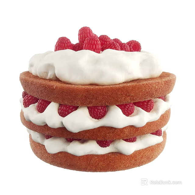 Delicious Layered Sponge Cake With Fresh Raspberries And Whipped Cream 3d model 