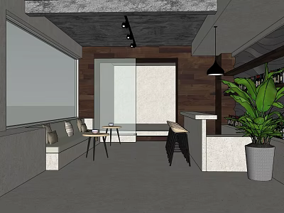Modern Hotel Public Lounge Area With Seating Benches Hanging Pendant Lights And Large Potted Plant 3d model
