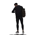 A Man Wearing Black Jacket And Pants Checking Wristwatch Carrying Backpack In White Background