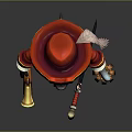 Pirate Dog Character Wearing Red Coat And Tricorn Hat With Lantern And Horn Accessories