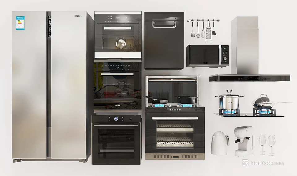 Essential Modern Kitchen Appliances Featuring Refrigerator Oven Microwave Hood And Coffee Maker 3d model 