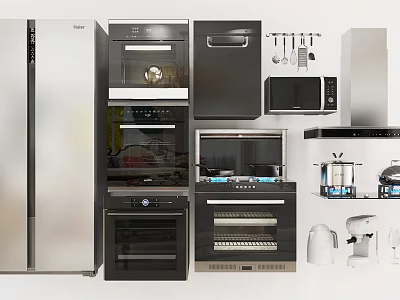 Essential Modern Kitchen Appliances Featuring Refrigerator Oven Microwave Hood And Coffee Maker 3d model
