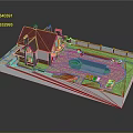 Cartoon Scene Featuring Cozy House With Green Roof Swimming Pool Stone Path Lawn And Fence