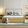 Double Bed Golden Frame Headboard Gray Checkered Pillows Bedside Tables Lamp Plant Rug Wall Art