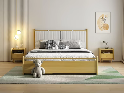 Double Bed Golden Frame Headboard Gray Checkered Pillows Bedside Tables Lamp Plant Rug Wall Art 3d model