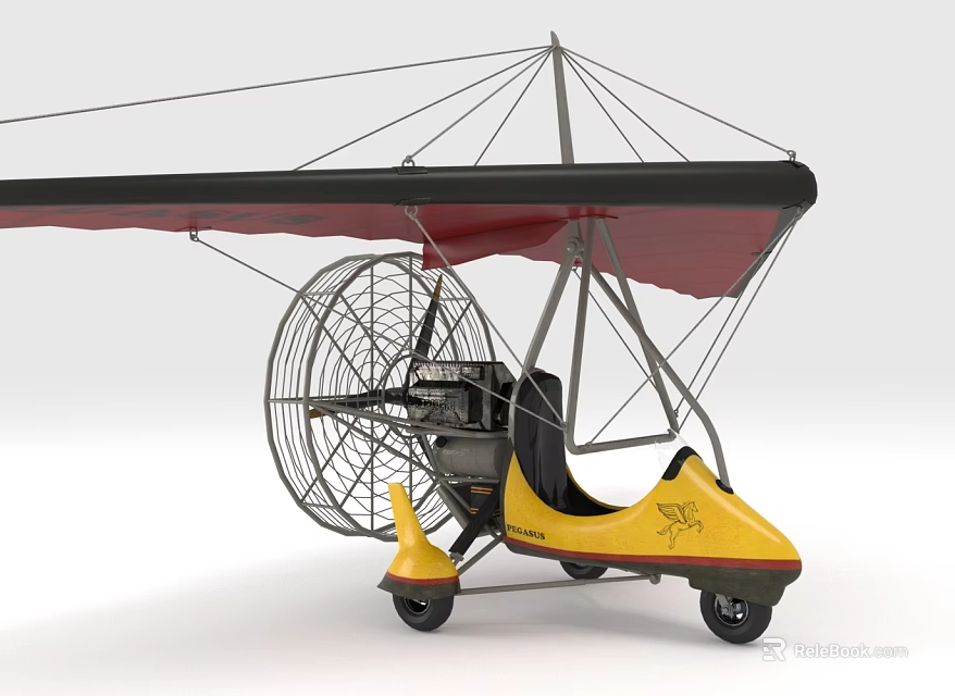 Yellow Powered Hang Glider With Black Wing Propeller Seat And Wheels 3d model 