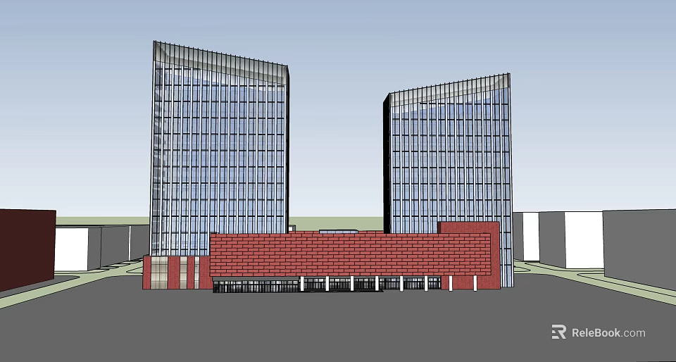 Twin High Rise Modern Office Building With Glass Curtain Walls And Red Brick Base 3d model 