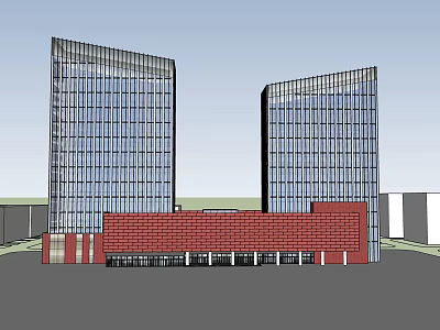 Twin High Rise Modern Office Building With Glass Curtain Walls And Red Brick Base 3d model