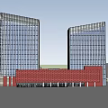 Twin High Rise Modern Office Building With Glass Curtain Walls And Red Brick Base