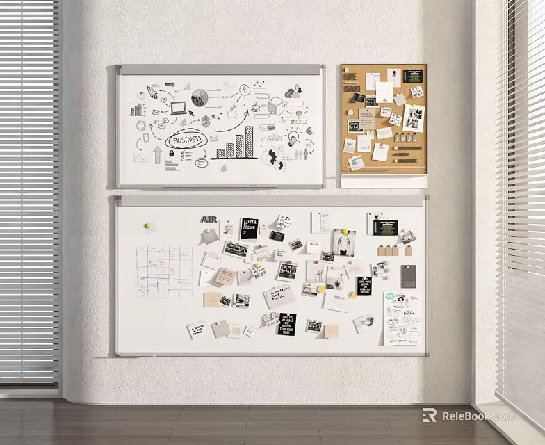 Modern Wall Decor With Whiteboard Corkboard And Creative Office Notes Charts Drawings 3d model 