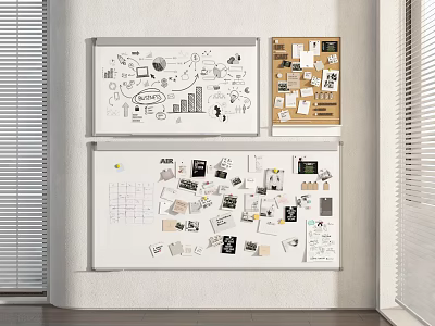 Modern Wall Decor With Whiteboard Corkboard And Creative Office Notes Charts Drawings 3d model