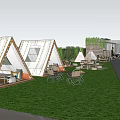 Garden Landscape With Wooden Triangle Tents Lush Green Lawn And Outdoor Seating Areas