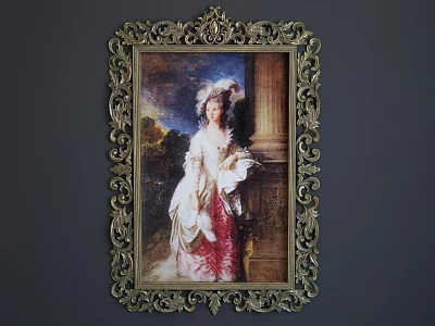 Classical Female Portrait Painting With Ornate Gold Frame Red White Dress And Column Background 3d model