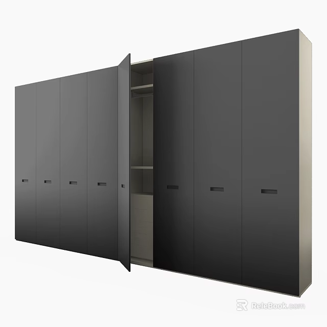 Sleek Black Wardrobe With Multiple Doors And Open Internal Shelves 3d model