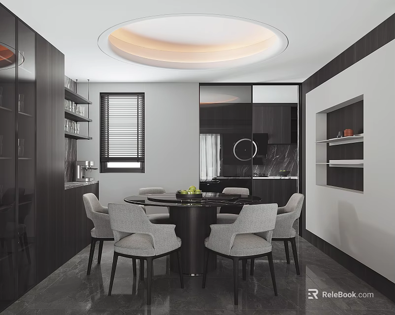 Modern Restaurant Interior With Round Dining Table Gray Chairs Black Cabinets And Round Ceiling Light 3d model 
