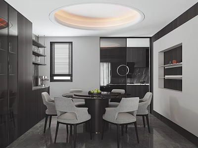 Modern Restaurant Interior With Round Dining Table Gray Chairs Black Cabinets And Round Ceiling Light 3d model