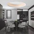 Modern Restaurant Interior With Round Dining Table Gray Chairs Black Cabinets And Round Ceiling Light