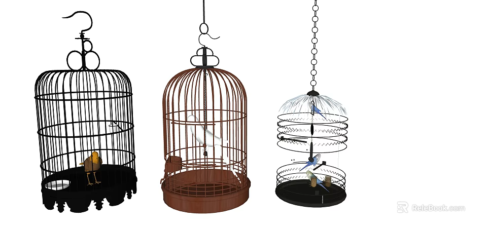 Decorative Ornament Set with Birdcages Black Brown Spiral Design and Bird Decorations for Home 3d model 