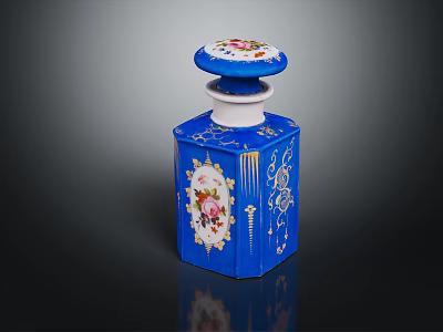 Blue Decorative Perfume Bottle With Floral Designs And White Enamel Lid 3d model