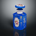 Blue Decorative Perfume Bottle With Floral Designs And White Enamel Lid