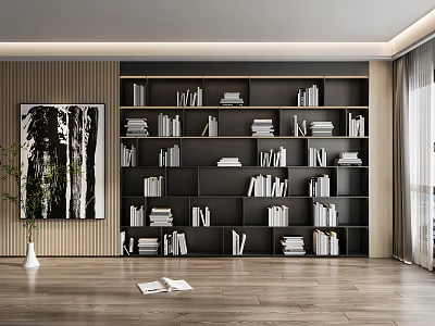 Modern Bookcase Interior With Stacked Books Wooden Floor And Decorative Painting 3d model