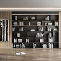Modern Bookcase Interior With Stacked Books Wooden Floor And Decorative Painting