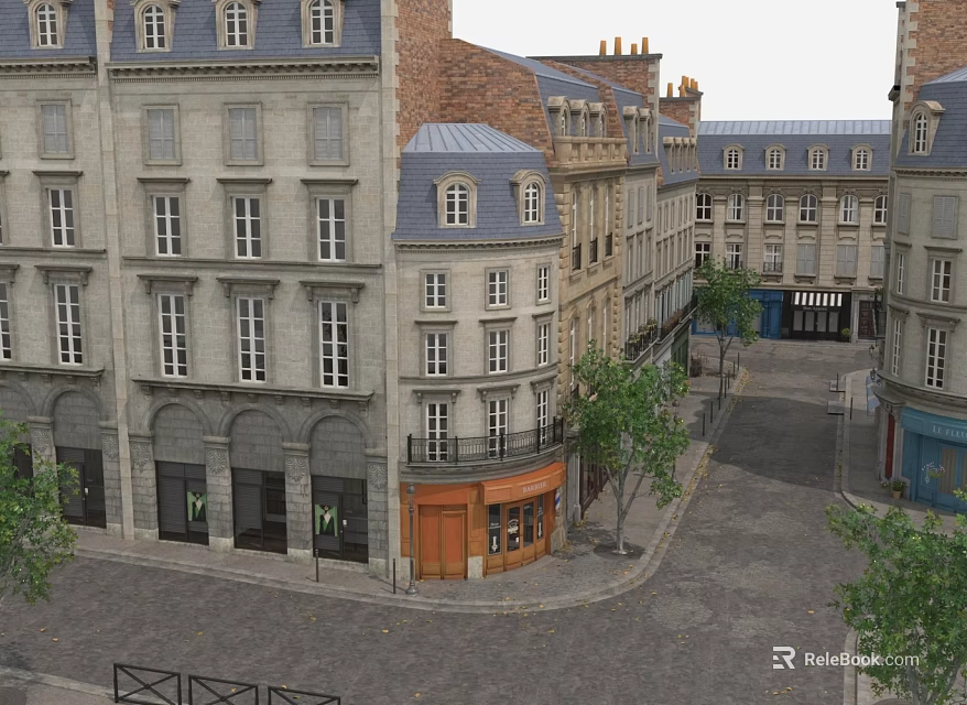 European Style Urban Street Scene With Multi Story Buildings Arched Facades And Trees 3d model 