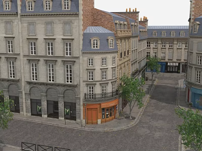 European Style Urban Street Scene With Multi Story Buildings Arched Facades And Trees 3d model