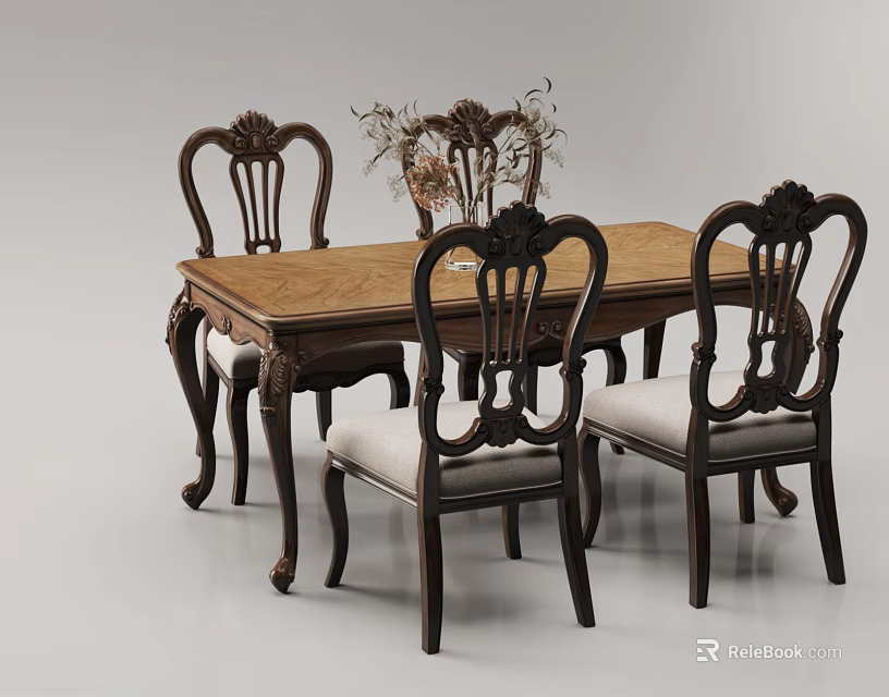 Classic Traditional Dining Table Set with Carved Wooden Frame Upholstered Seats and Floral Centerpiece 3d model 