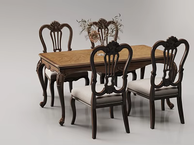 Classic Traditional Dining Table Set with Carved Wooden Frame Upholstered Seats and Floral Centerpiece 3d model
