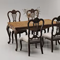 Classic Traditional Dining Table Set with Carved Wooden Frame Upholstered Seats and Floral Centerpiece