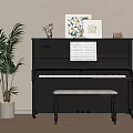 Black Upright Piano With Sheet Music Decorative Paintings And Potted Plant