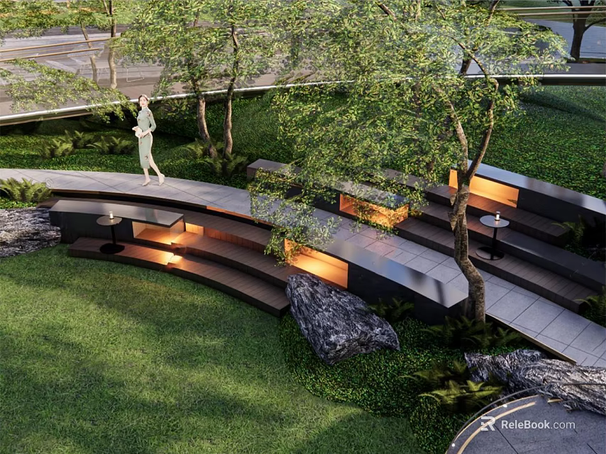 Serene Park Landscape With Lush Green Grass Curved Pathway Trees And Stone Benches 3d model 