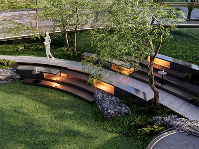 Serene Park Landscape With Lush Green Grass Curved Pathway Trees And Stone Benches 3d model