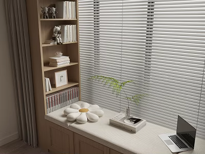 Window Side Decorative Cabinet Featuring Books Photo Frame Cushion Blinds Green Plant And Laptop 3d model