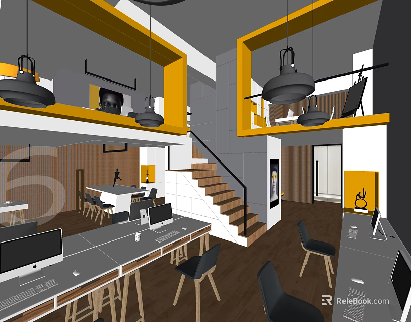 Modern Office Interior With Desks Computers Chairs Pendant Lights And Staircase 3d model 