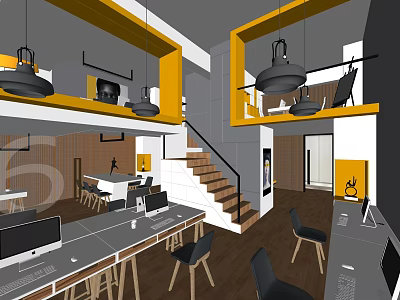 Modern Office Interior With Desks Computers Chairs Pendant Lights And Staircase 3d model