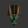 Vibrant Dragon Head Sculpture With Horns Spikes And Green Orange Design