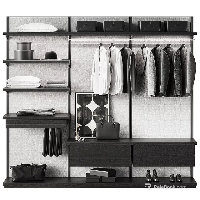 Modern Minimalist Closet Interior With Hanging Garments Drawers Shelves And Storage Hats 3d model 