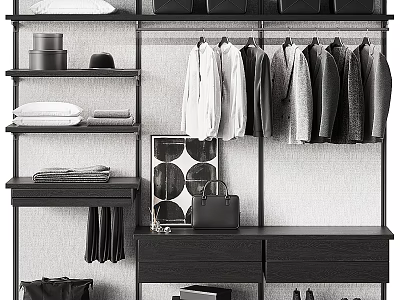 Modern Minimalist Closet Interior With Hanging Garments Drawers Shelves And Storage Hats 3d model