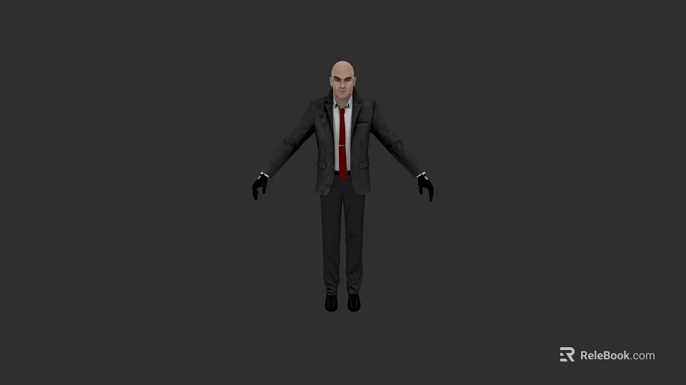 Bald Head Game And Movie Character In Black Suit With Red Tie And Black Gloves 3d model 