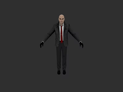 Bald Head Game And Movie Character In Black Suit With Red Tie And Black Gloves 3d model