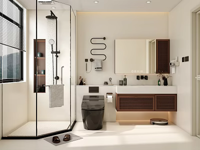 Modern Bathroom Interior Design With Glass Shower Enclosure Vanity And Storage Cabinets 3d model