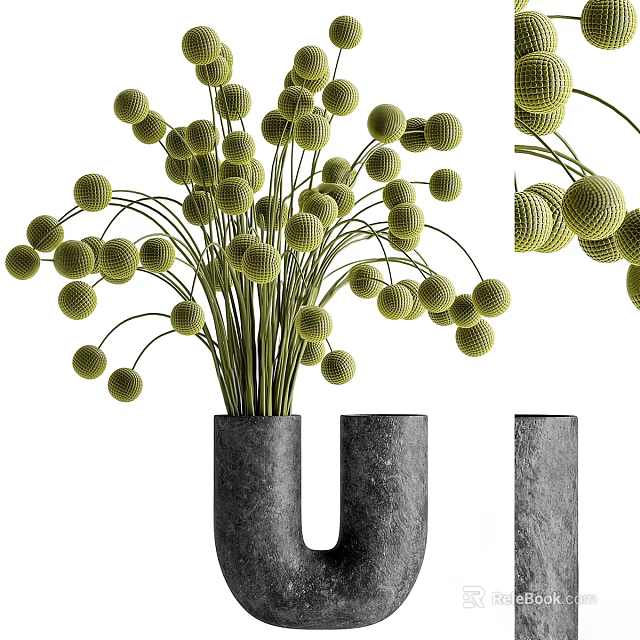 Green Spherical Flowers in U Shaped Gray Stone Vase Decorative Arrangement 3d model 