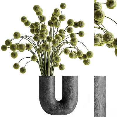 Green Spherical Flowers in U Shaped Gray Stone Vase Decorative Arrangement 3d model