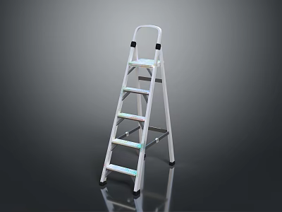 White Folding Ladder With Black Handrails And Reflective Steps On Dark Background 3d model