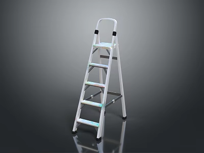 White Folding Ladder With Black Handrails And Reflective Steps On Dark Background 3d model